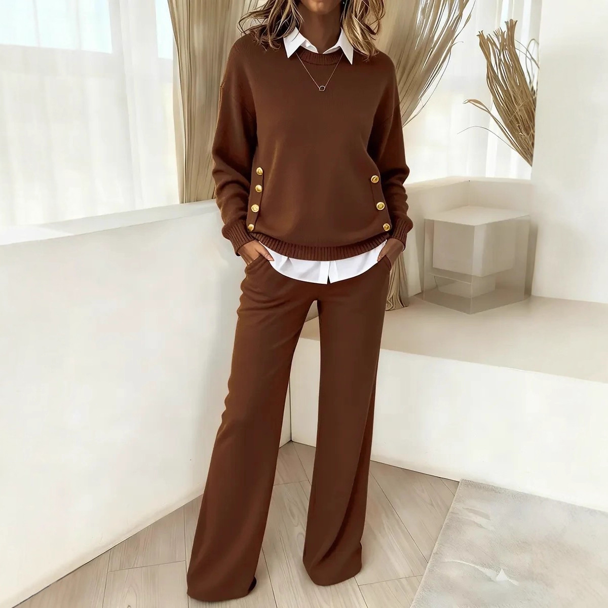 Button-Detail Faux-Layer Sweatshirt Set