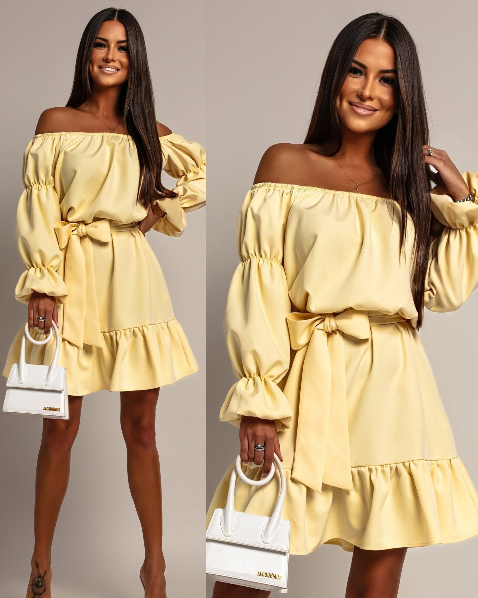Off-Shoulder Lantern Sleeve High Waist Short Dress