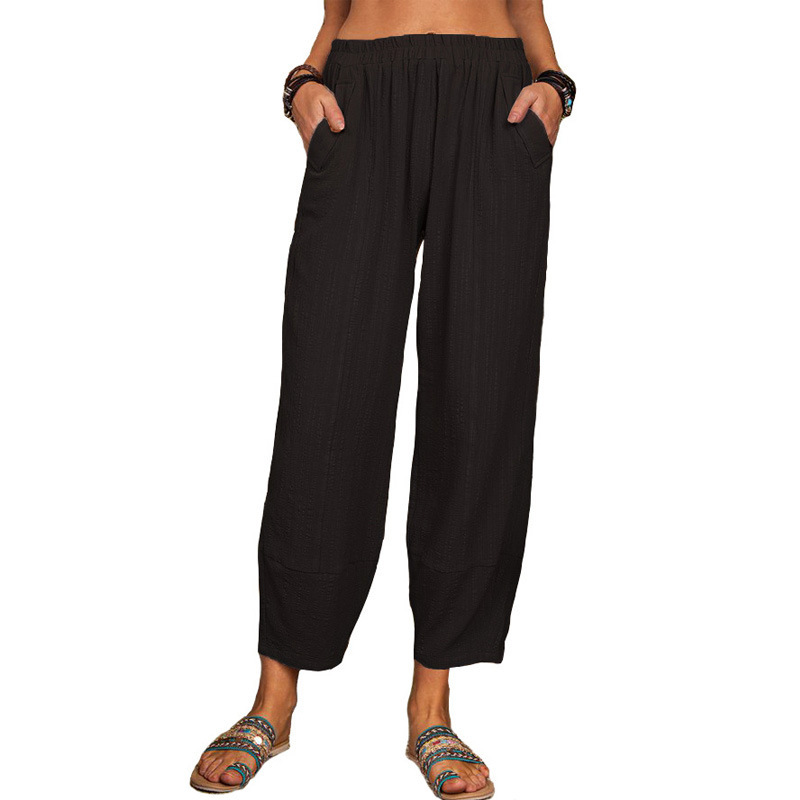 Women's Solid Cotton-Linen Wide-Leg Harem Pants Casual Loose Fit