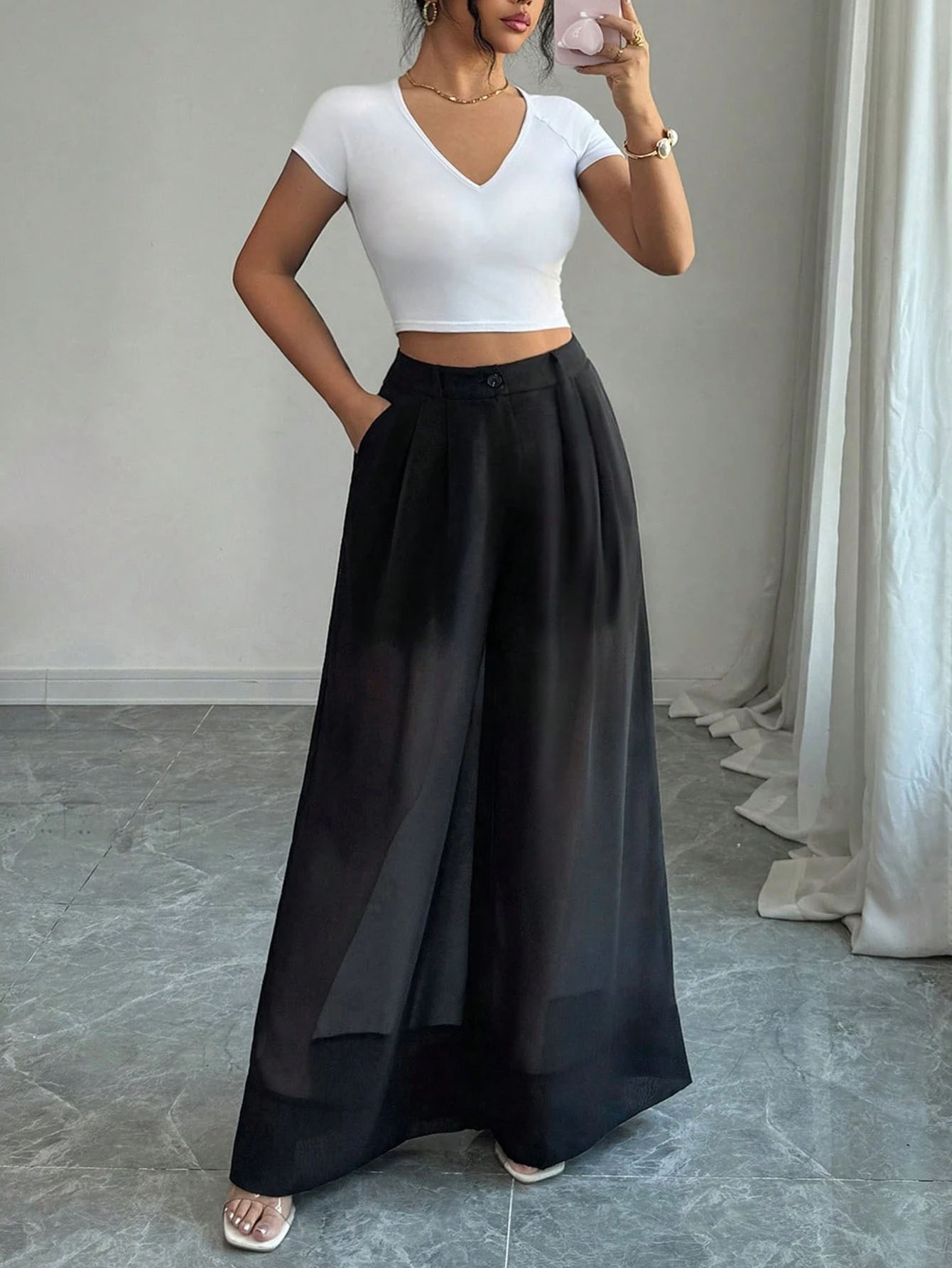 Women's High-Waist Wide-Leg Straight Pants Loose Drape Floor-Length