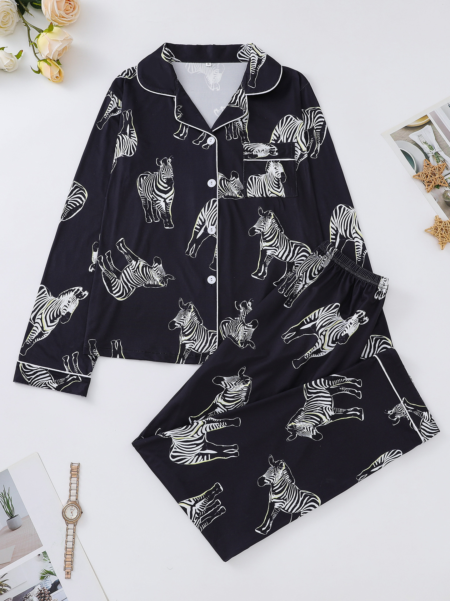 Cuban Collar Animal Print Women's Pant Set