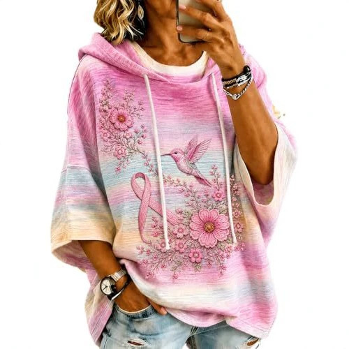 Women's Ribbon Floral Bird Print Casual Hoodie