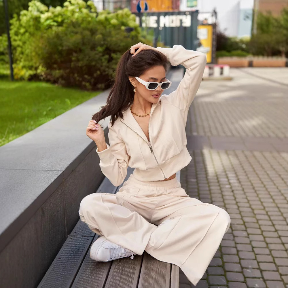 Women's Casual Hooded Zip-Up Sweatsuit Set Long Sleeve Jacket and Pants