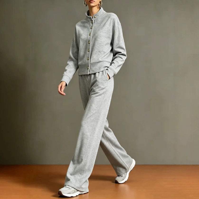 Women's Solid Color Stand Collar Cardigan Hoodie & Wide-Leg Pants Set