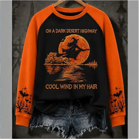 Halloween Witch Print Crewneck Long-Sleeve Pullover Sweatshirt