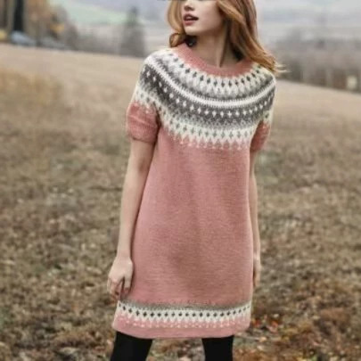 Icelandic Vintage Jacquard Knit Sweater Dress Long Sleeve Round Neck