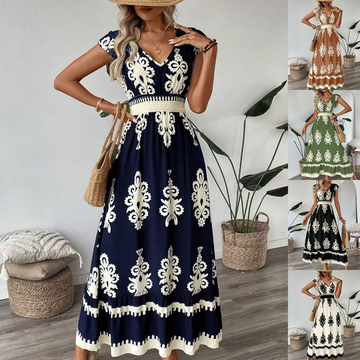Women's Floral Print V-Neck Midi Dress with Waist Tie