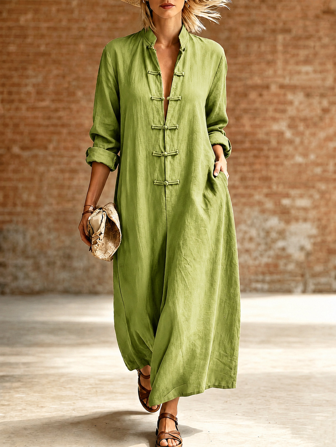 Retro Chinese Frog Button A-Line Dress Long Sleeve Loose Fit