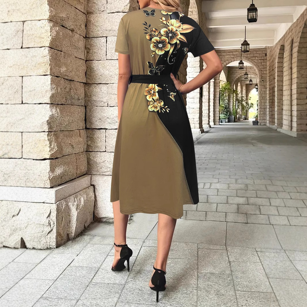 Women's Belted Short Sleeve Round Neck Floral Print Dress