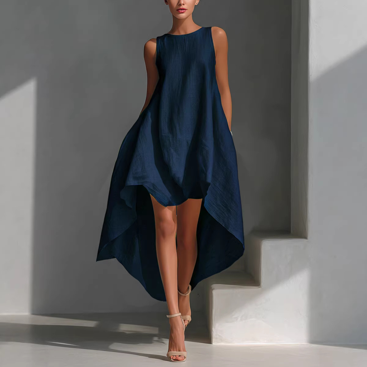 Sleeveless High-Low Cotton-Linen Blend Dress