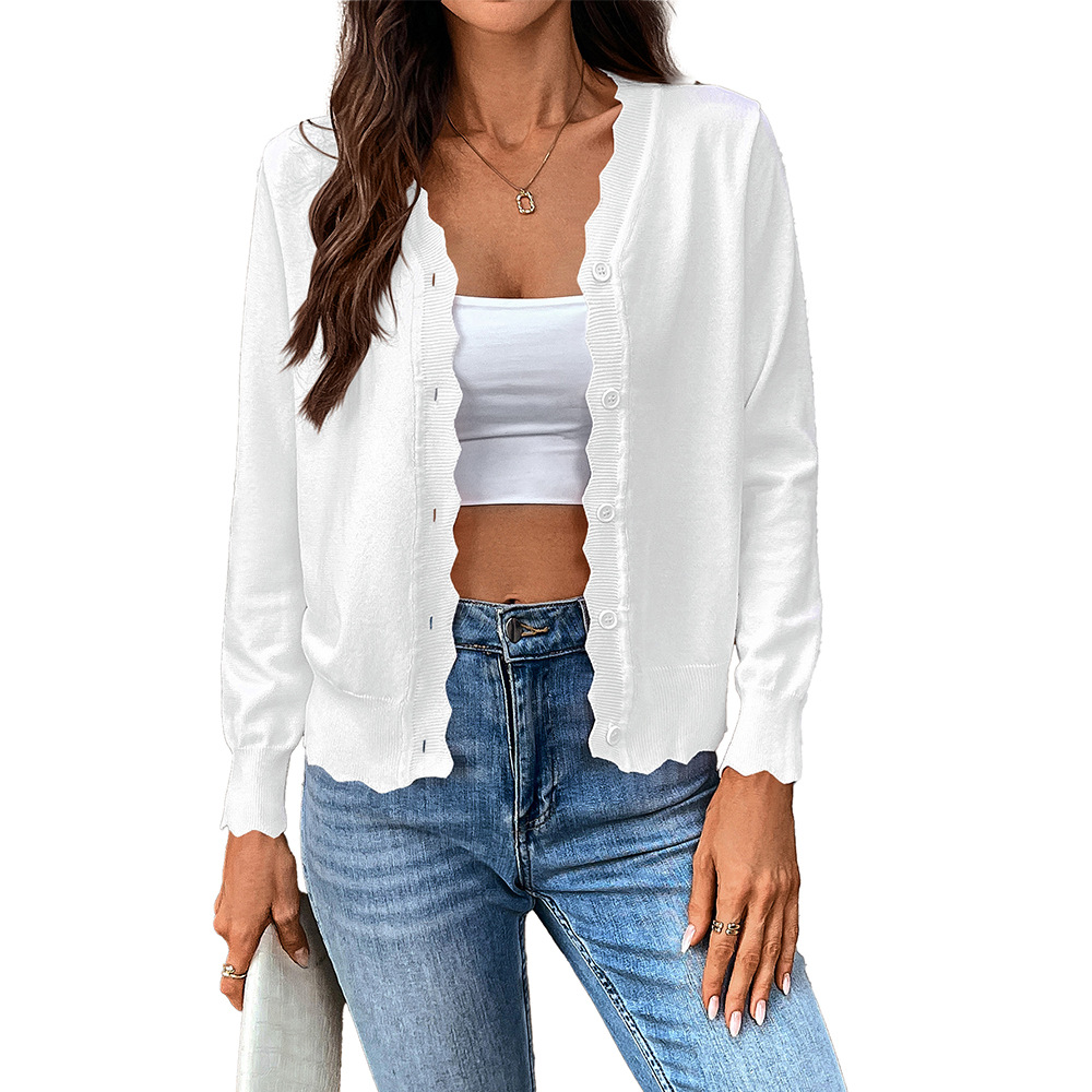 V-Neck Long-Sleeve Knit Cardigan Solid Ice Silk Lightweight Women's