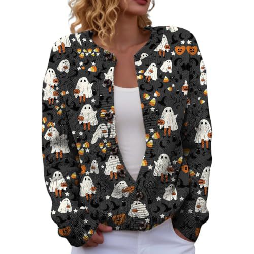 Halloween Pumpkin Castle Print Faux Knit Cardigan for Women