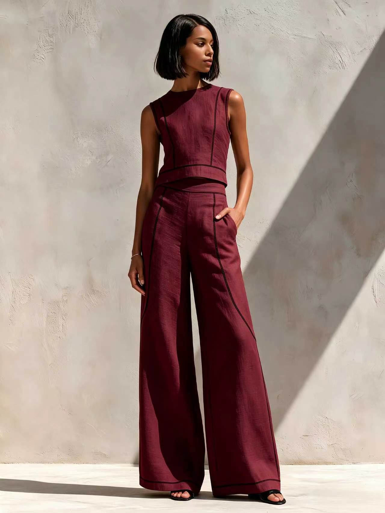 Sleeveless Color-Block Wide-Leg Pants Set Women's Casual Two-Piece