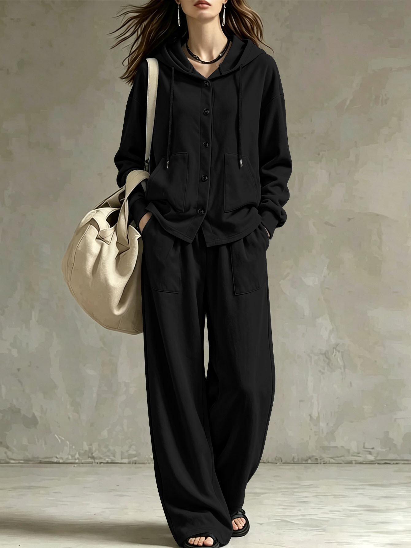 Women's Loose Hooded Cardigan and Wide-Leg Pants Two-Piece Set