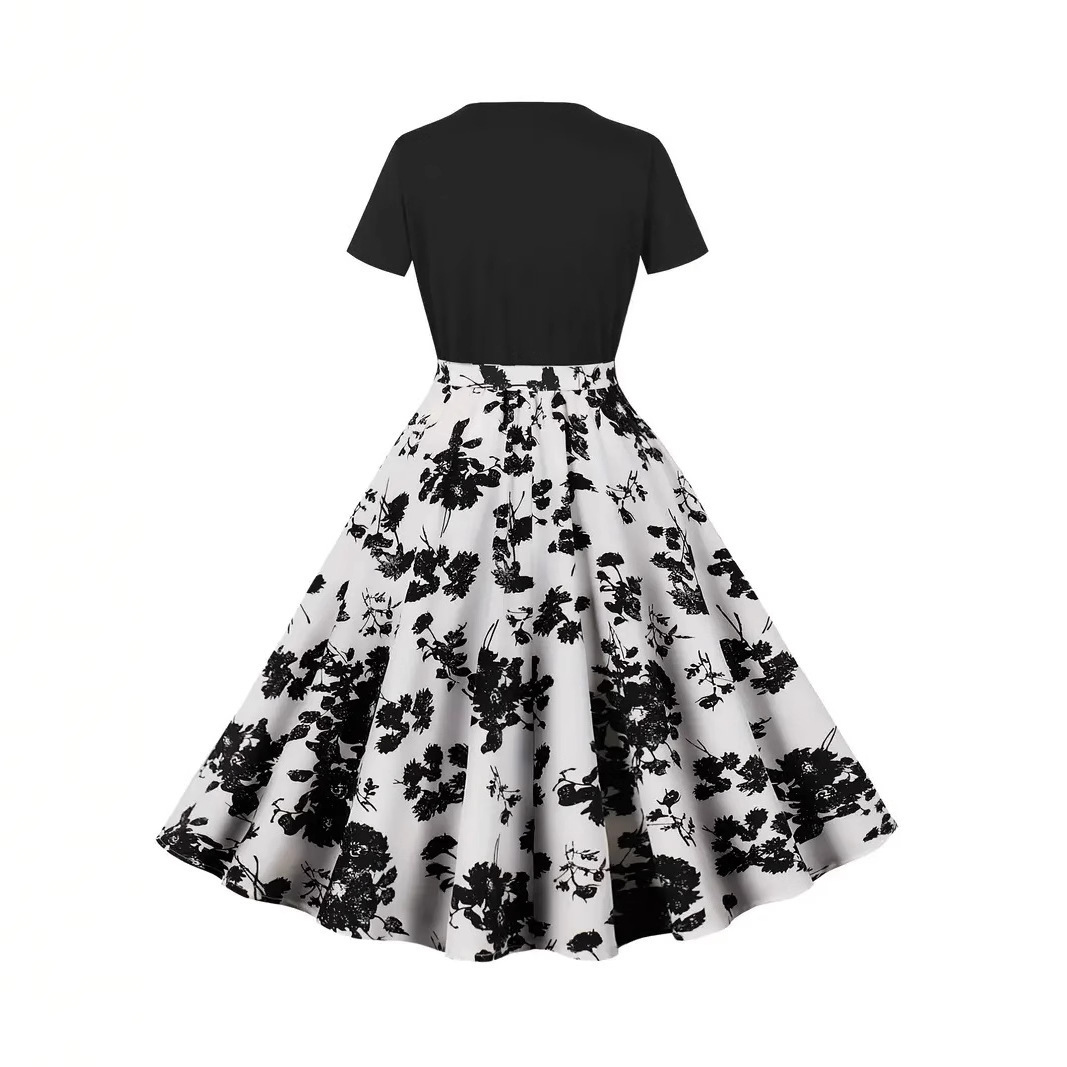 Women's Vintage Patchwork Midi Dress with Belt