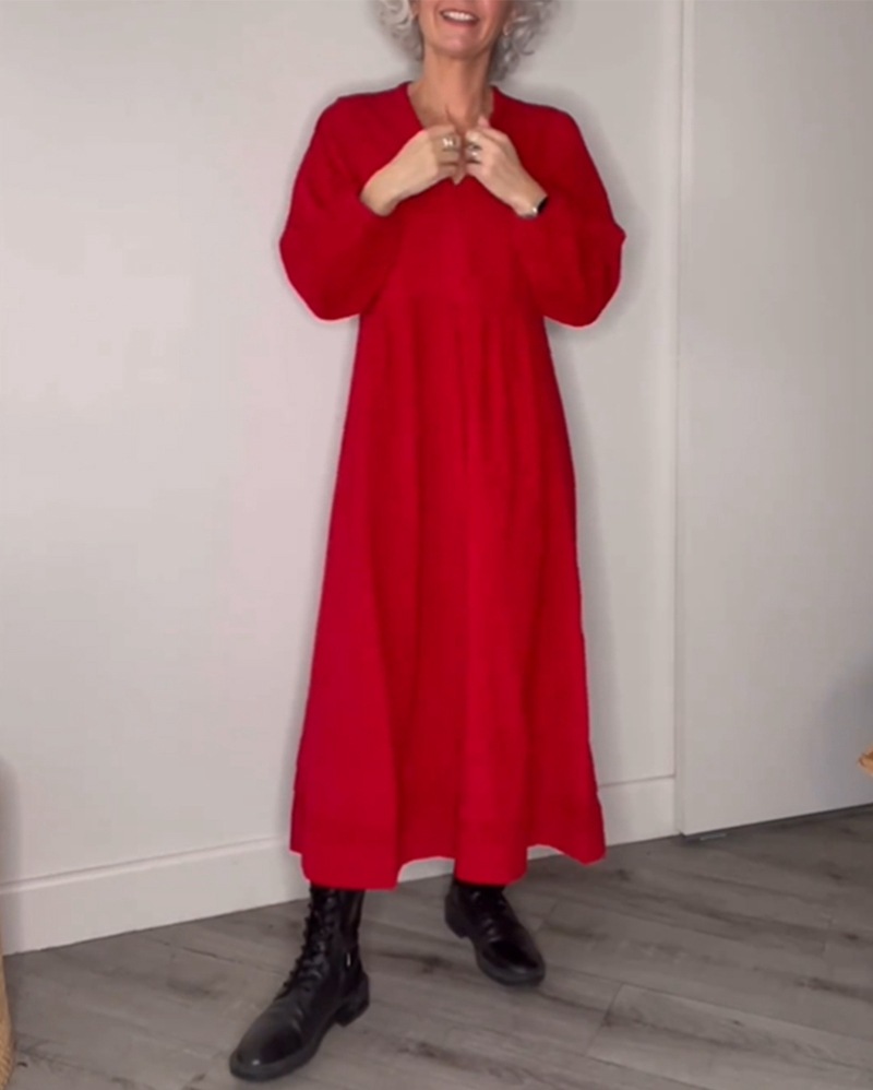 Solid V-Neck Long Sleeve Pocket Maxi Dress