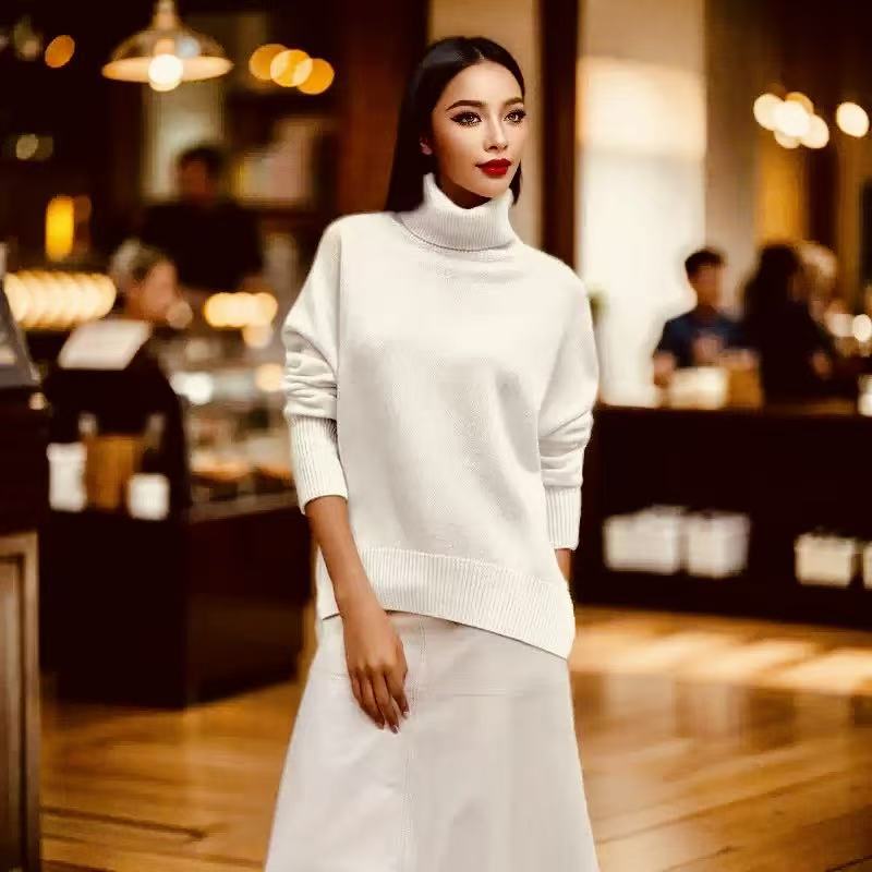 Women's Multi-Color Ribbed Turtleneck Knit Sweater Loose Lazy Style