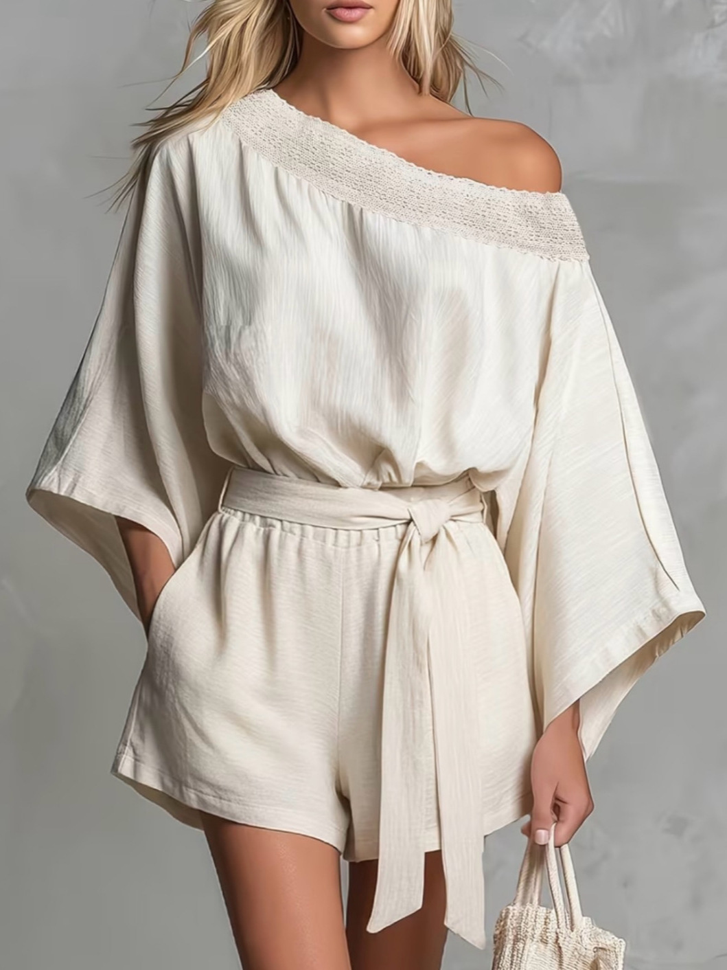 Solid One-Shoulder Long-Sleeve Top and Shorts Two-Piece Set