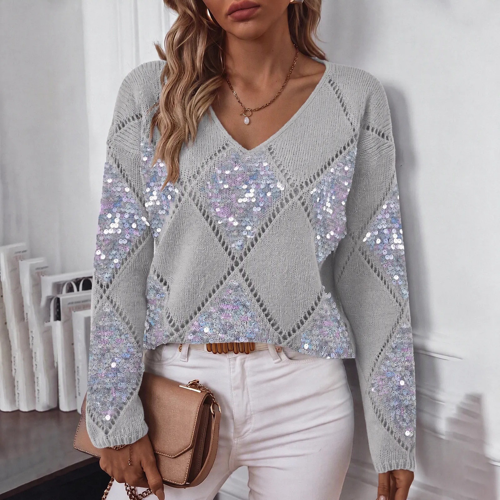 Openwork Sequin Knit Sweater Women's Solid Diamond V-Neck Loose Pullover