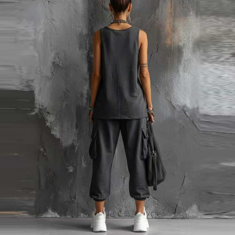 Heavyweight Solid Color Sleeveless Tank Top and Wide-Leg Cargo Pants Two-Piece Set