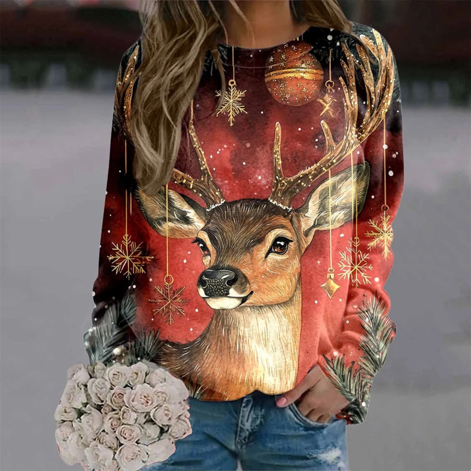 Women's Cartoon Animal Christmas Print Crewneck Sweatshirt