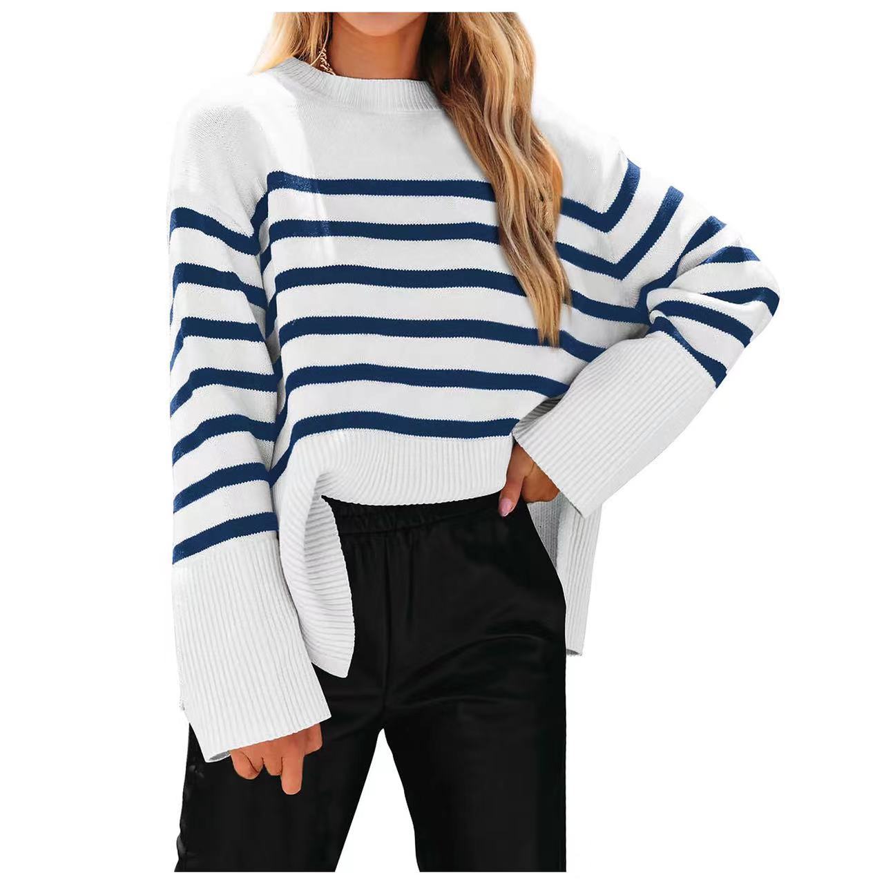 Striped Loose Puff Sleeve Knit Sweater