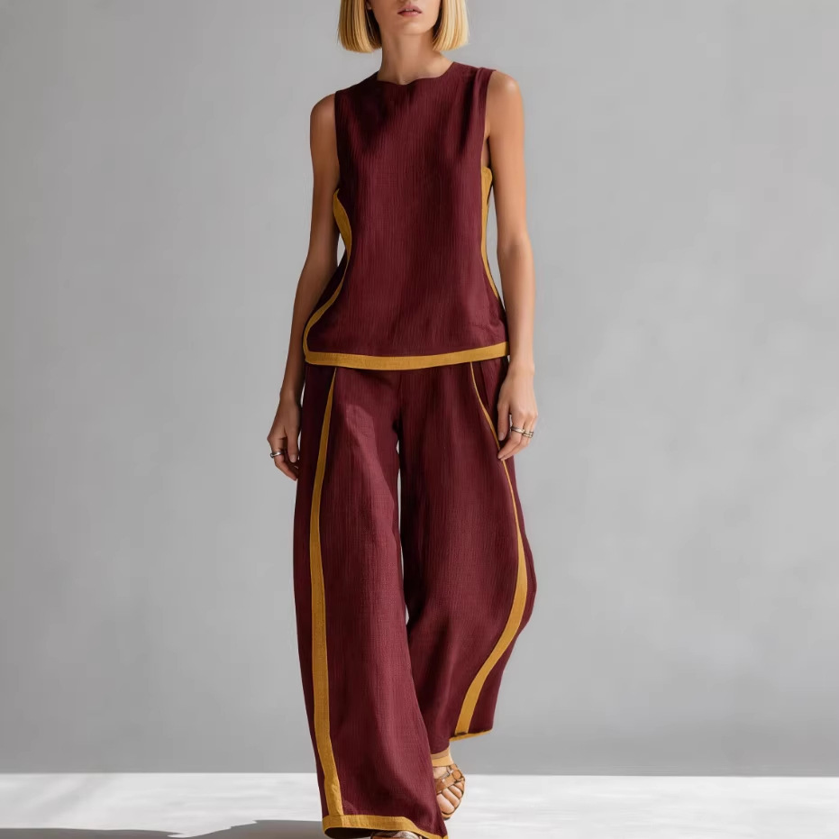 Sleeveless Colorblock Wide-Leg Pants Set Women's Summer Casual Two-Piece