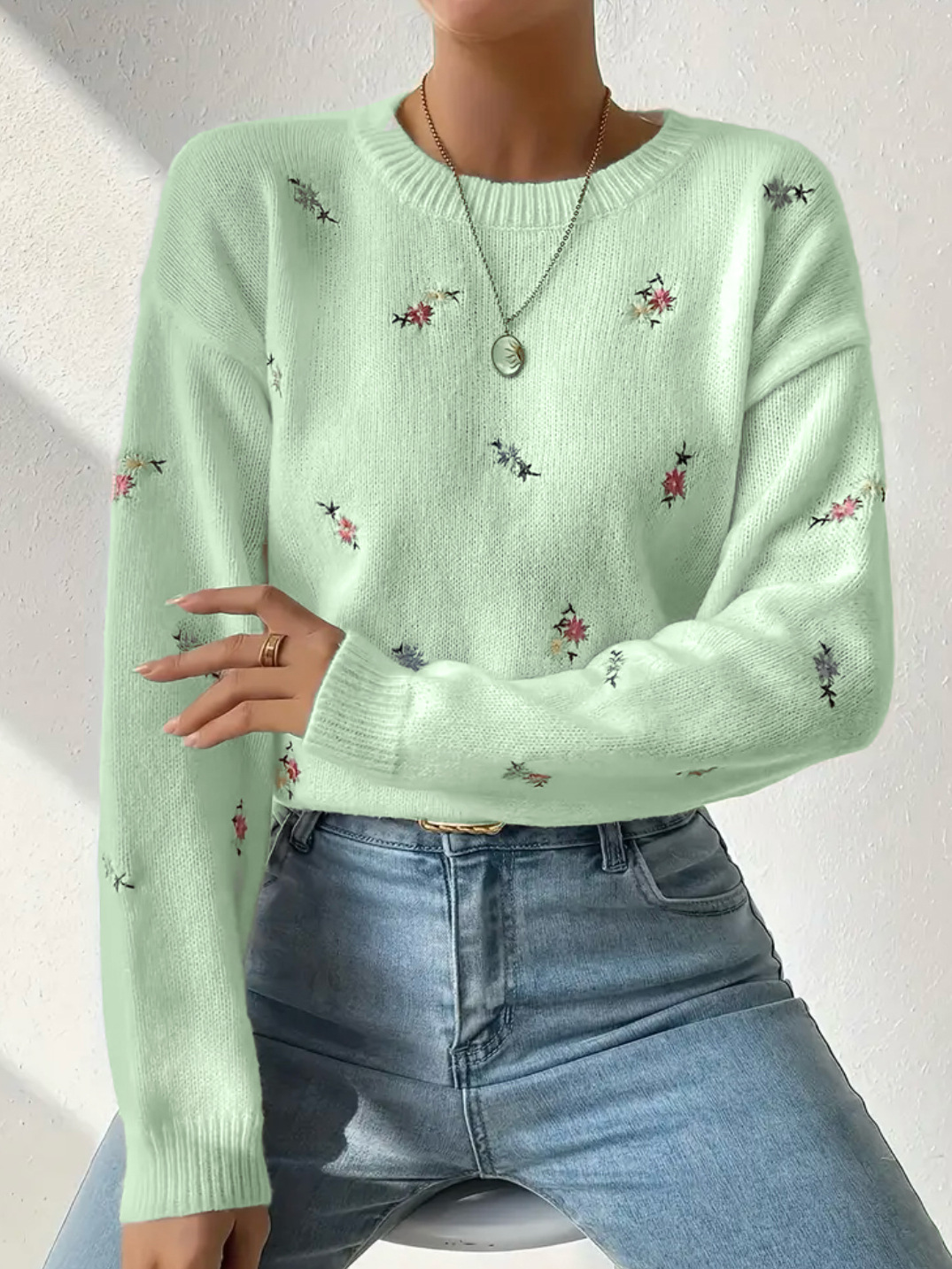 Korean-Style Soft Knit Round-Neck Pullover Sweater Loose Floral Embroidered Top