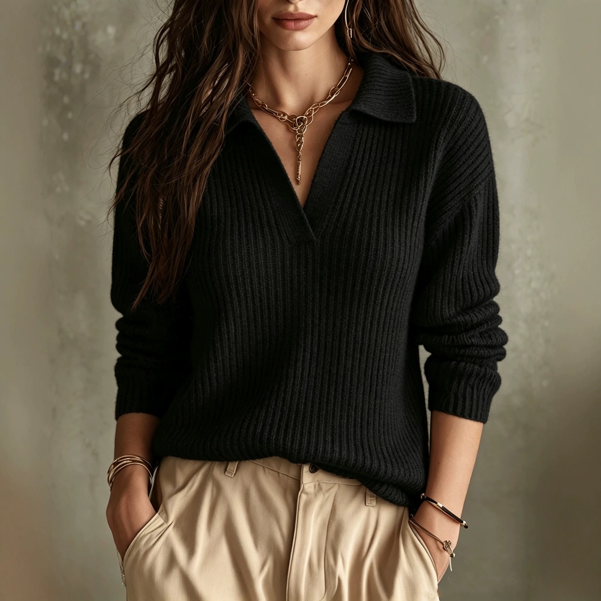 Women's Ribbed Knit Polo Sweater V-Neck Long Sleeve Relaxed Fit