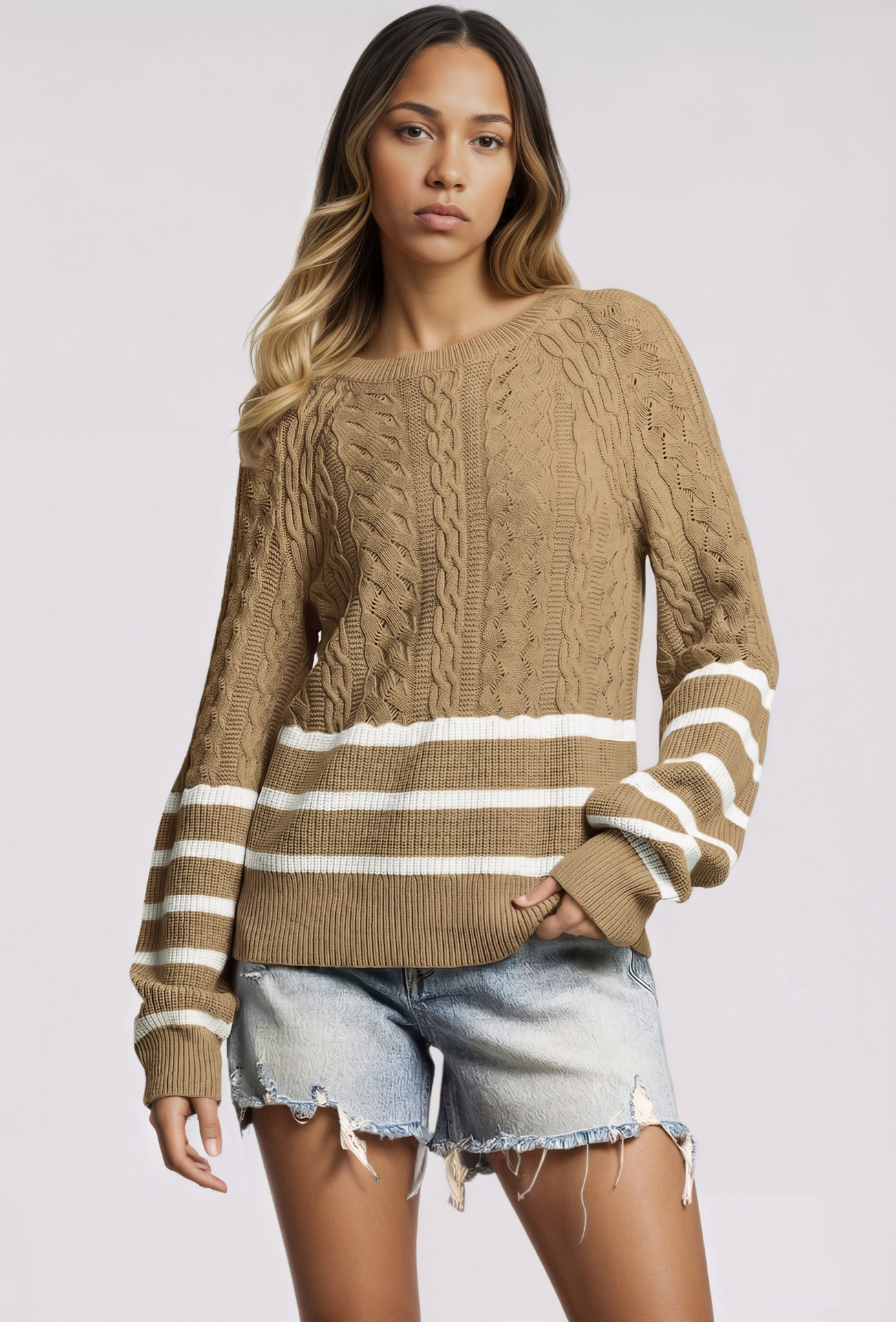 Women's Cable Knit Striped Crewneck Sweater Loose Fit Long Sleeve