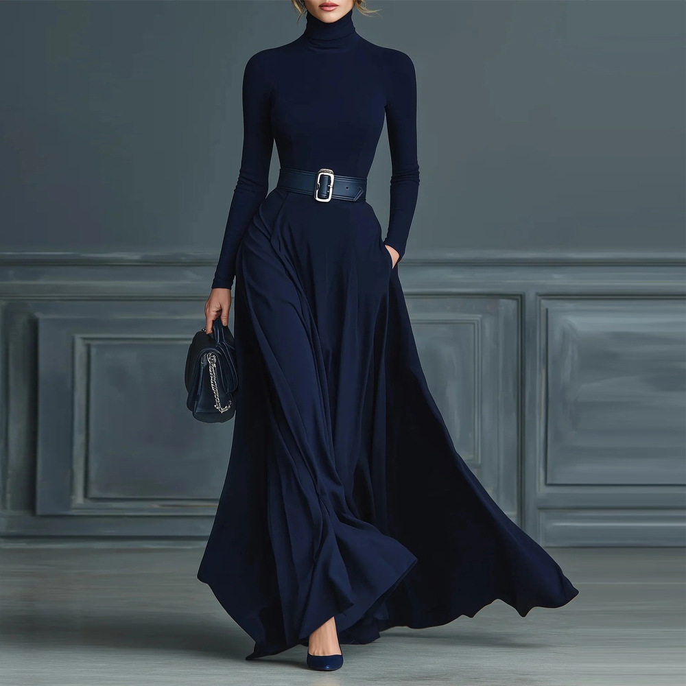 Women's Long Sleeve Solid High Neck A-Line Maxi Dress