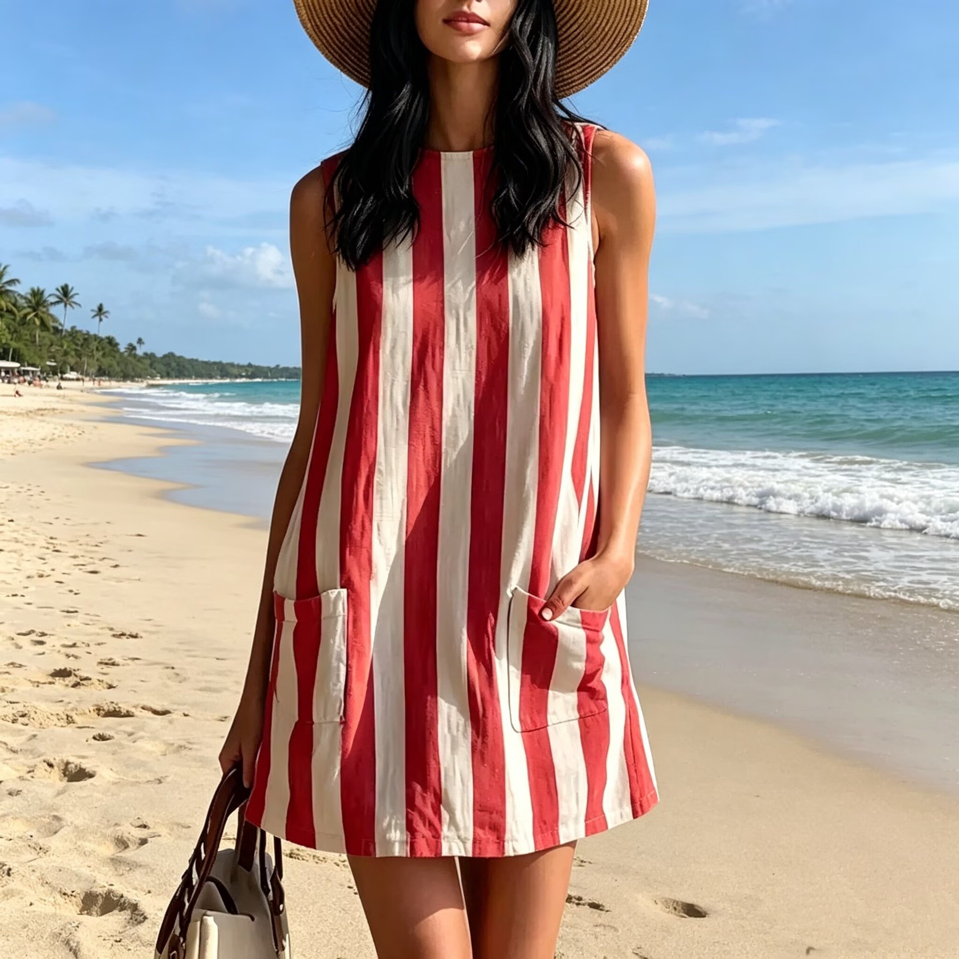 Striped Sleeveless A-Line Dress with Pockets