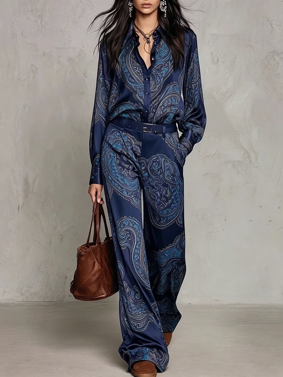 Paisley Print Long Sleeve Shirt and Wide Leg Pants Set