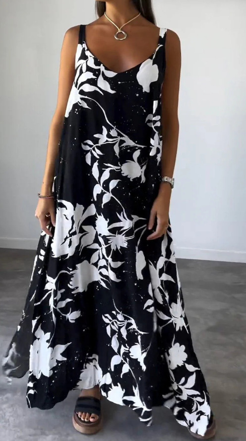 Floral Print V-Neck Open-Back Sleeveless A-Line Maxi Dress