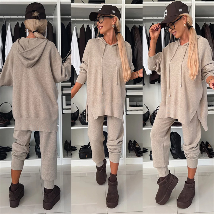 Women's Solid Color Loose Hooded Knit Two-Piece Set
