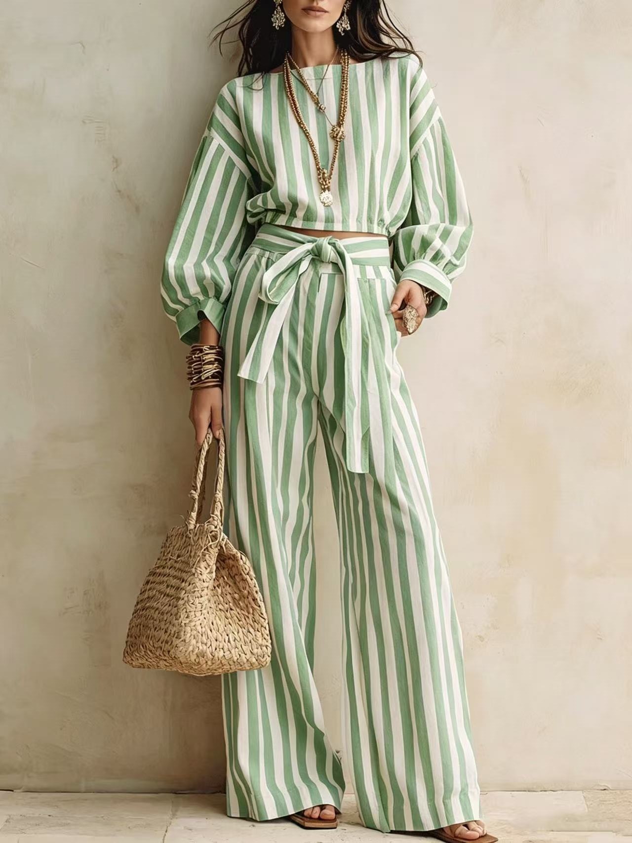Striped Short Top & Wide-Leg Pants Set with Tie