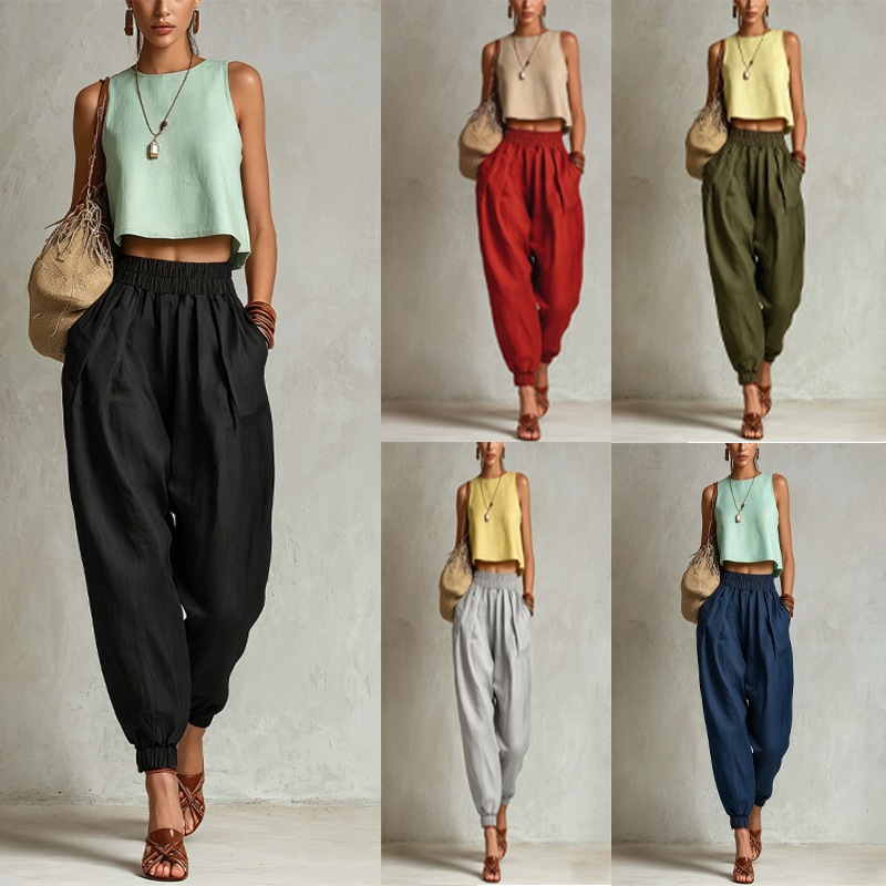 Women's Cotton-Linen Harem Pants Elastic Waist Loose Slimming Cuffed Lantern Casual Trousers