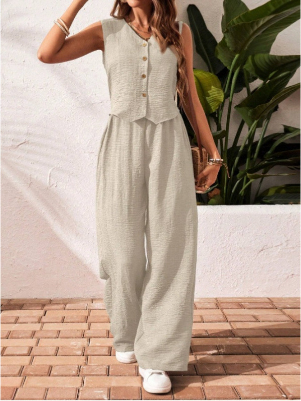 Linen-Blend Button-Front V-Neck Vest and Pants Set