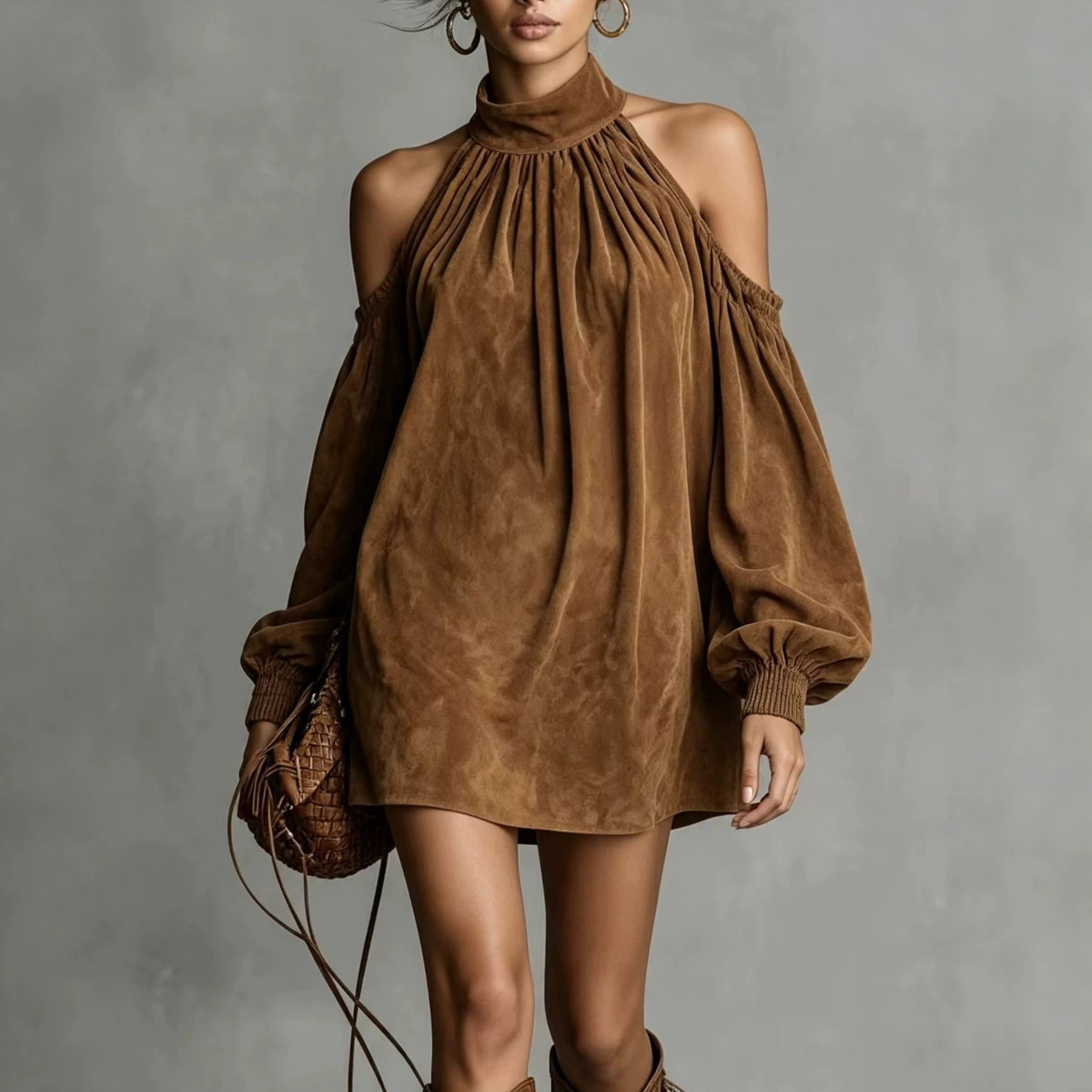 Women's Faux Suede Halter Mini Dress with Lantern Sleeves