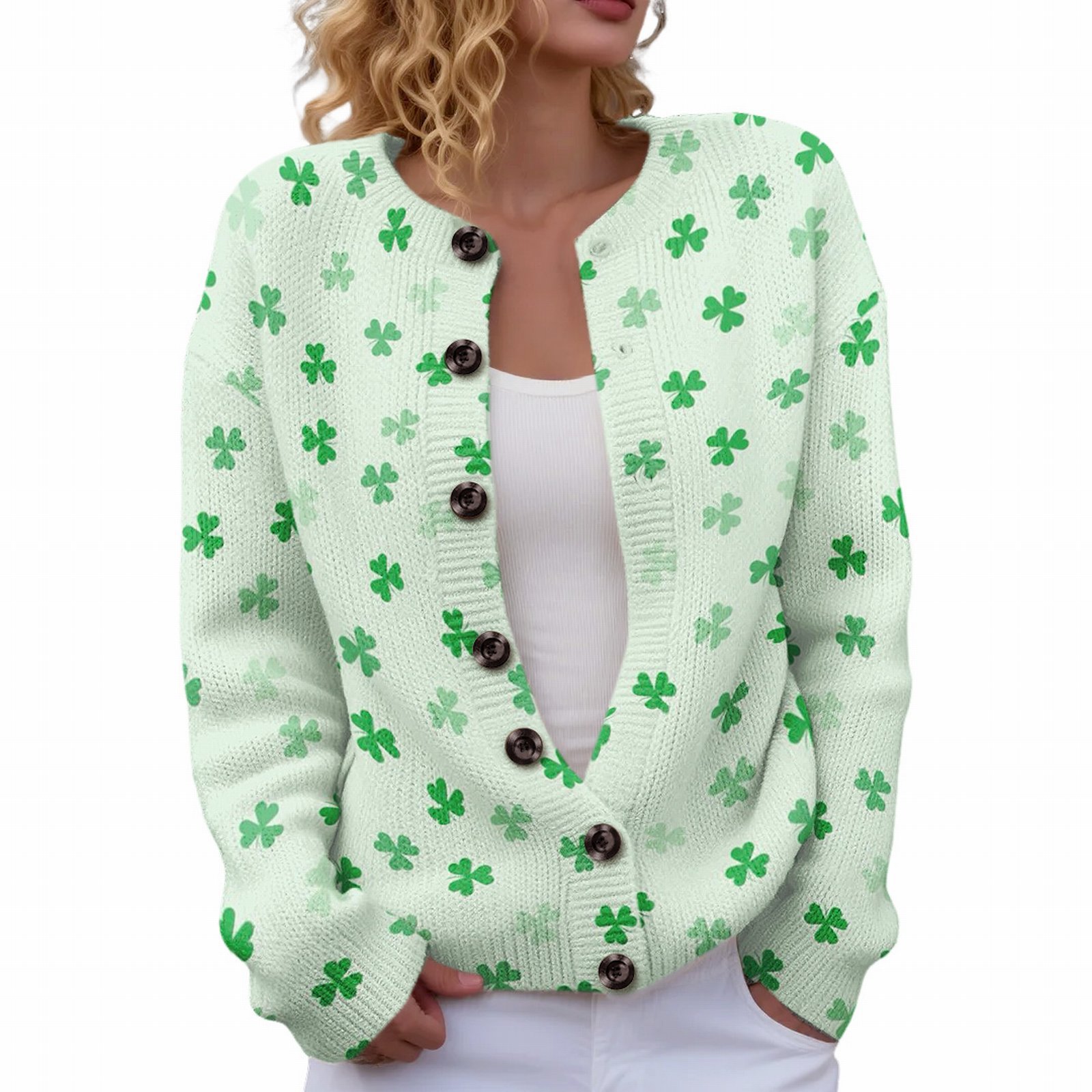 Women's Four-Leaf Clover Print Button Cardigan Sweater