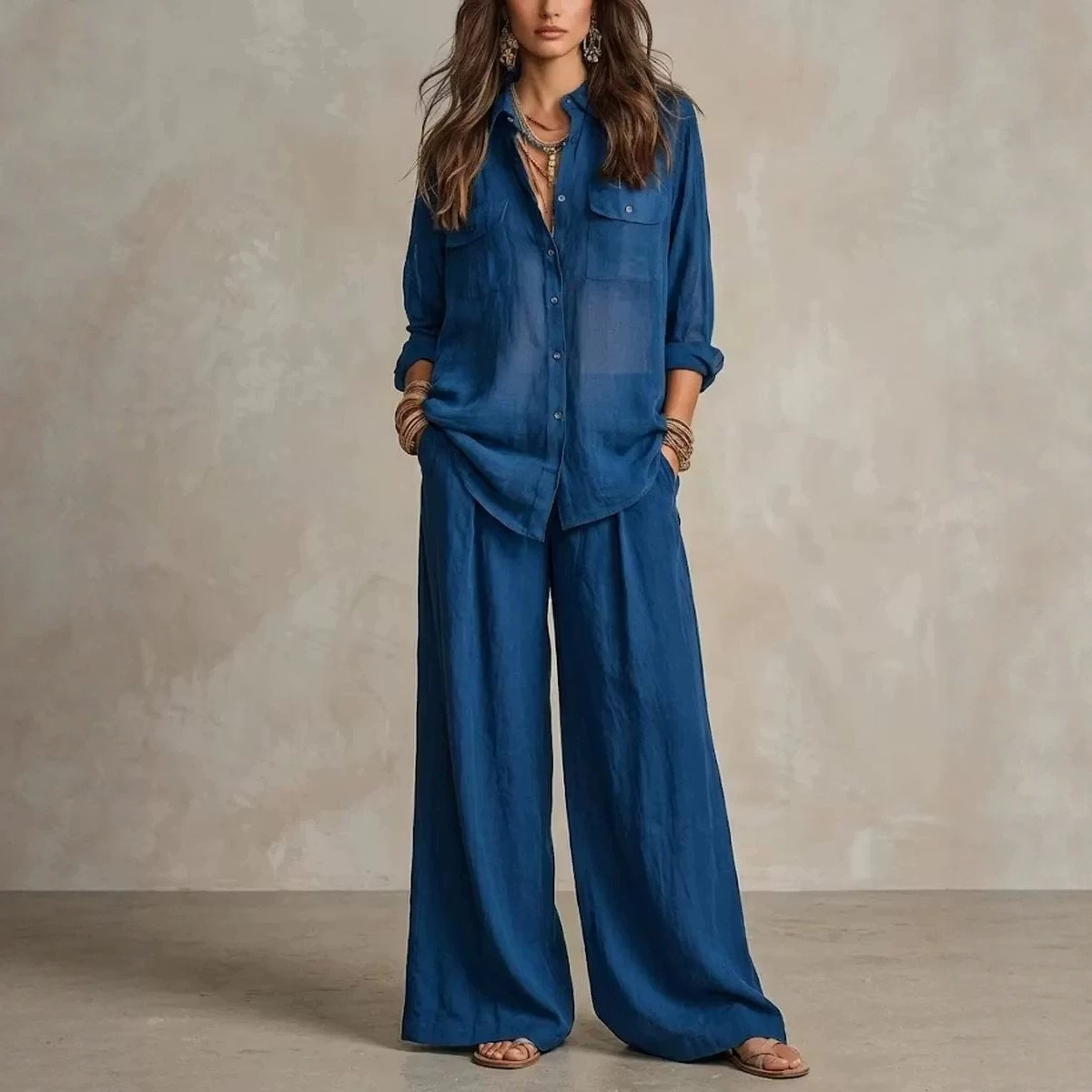 Women's Lightweight Long Sleeve Shirt and Wide-Leg Pants Set