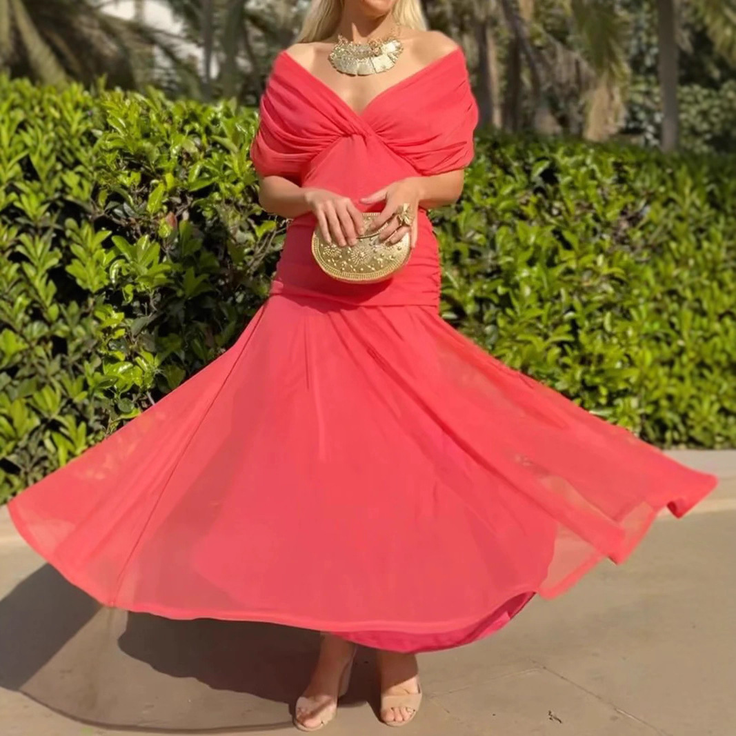 Elegant Solid Deep V-Neck Waist-Cinched Mesh Dress
