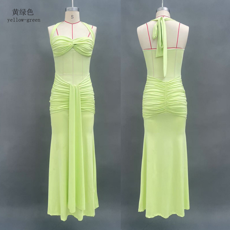 Women's Elegant Open Back Ruched Bodycon Long Dress