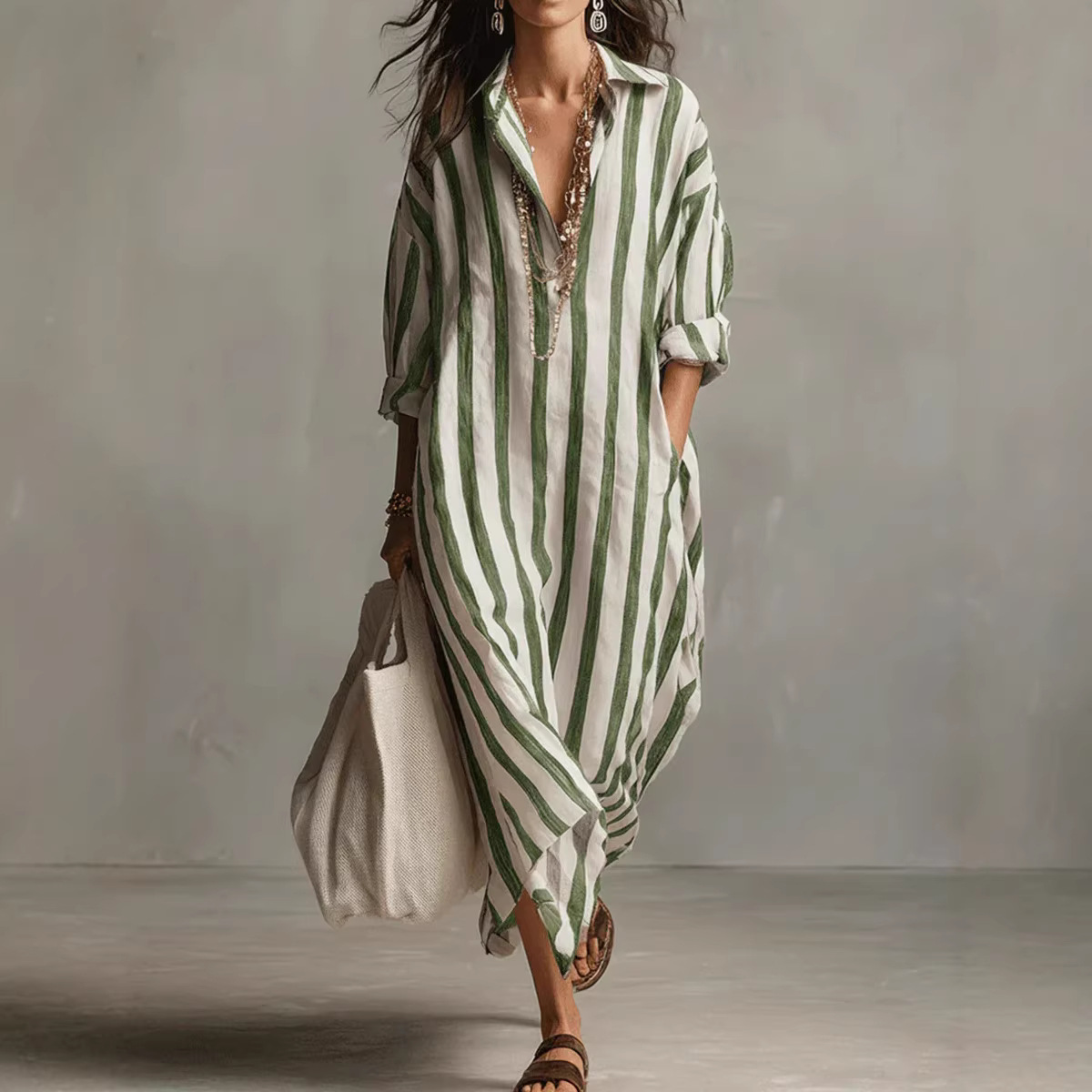 Women's Loose V-Neck Striped Long Shirt Dress with 3/4 Sleeves