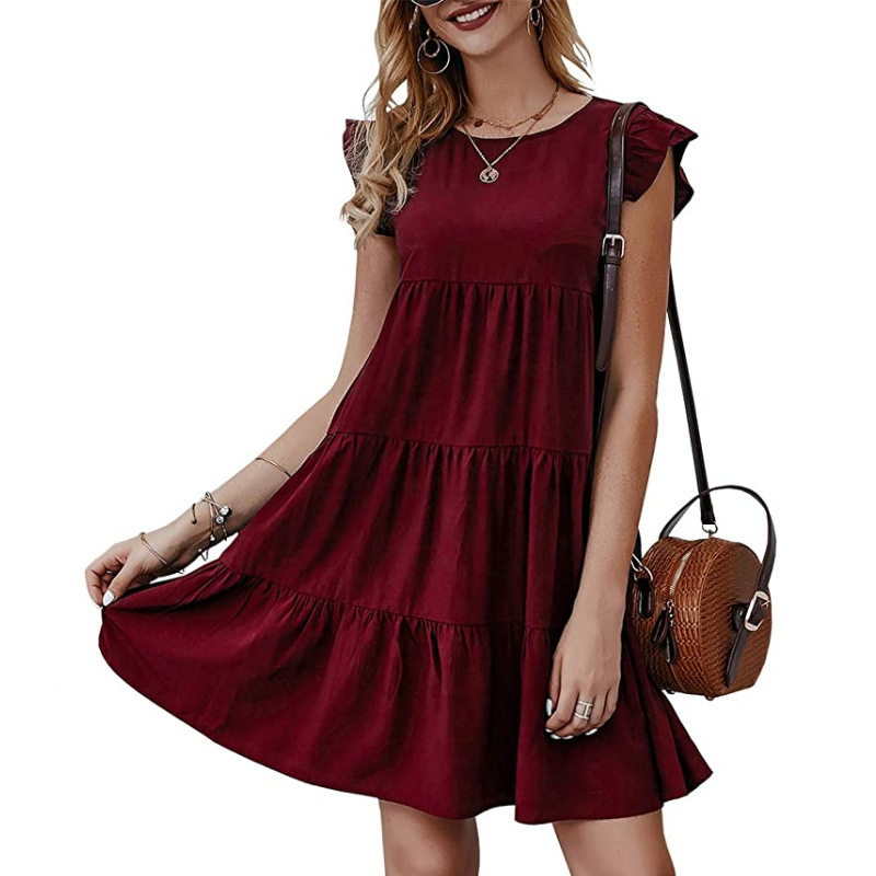Women's Solid Crewneck Short Sleeve Tiered Ruffle Midi Dress