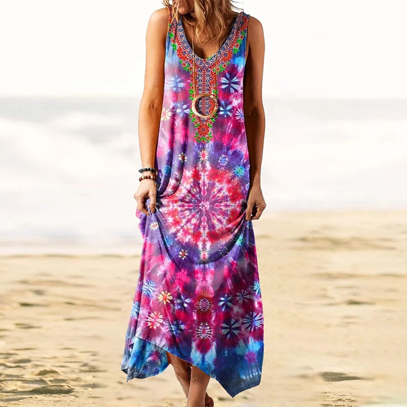Vintage Spiral Tie-Dye Print Sleeveless Maxi Dress with Embroidered Neckline Loose Fit
