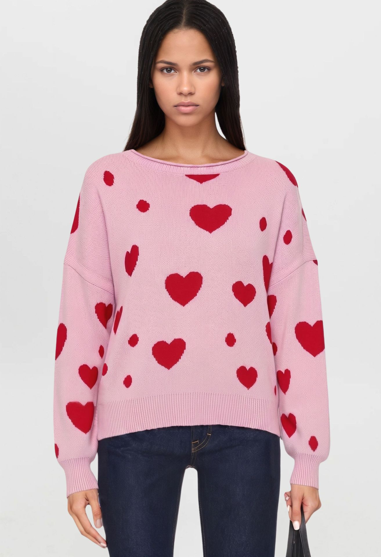 Polka Dot Heart Crewneck Pullover Sweater