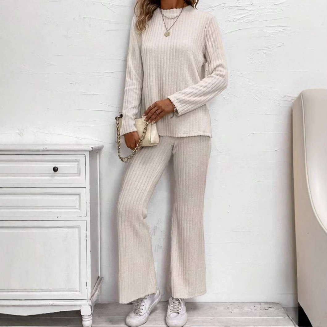 Women's Solid Color Crew Neck Long Sleeve Top and Pants Set