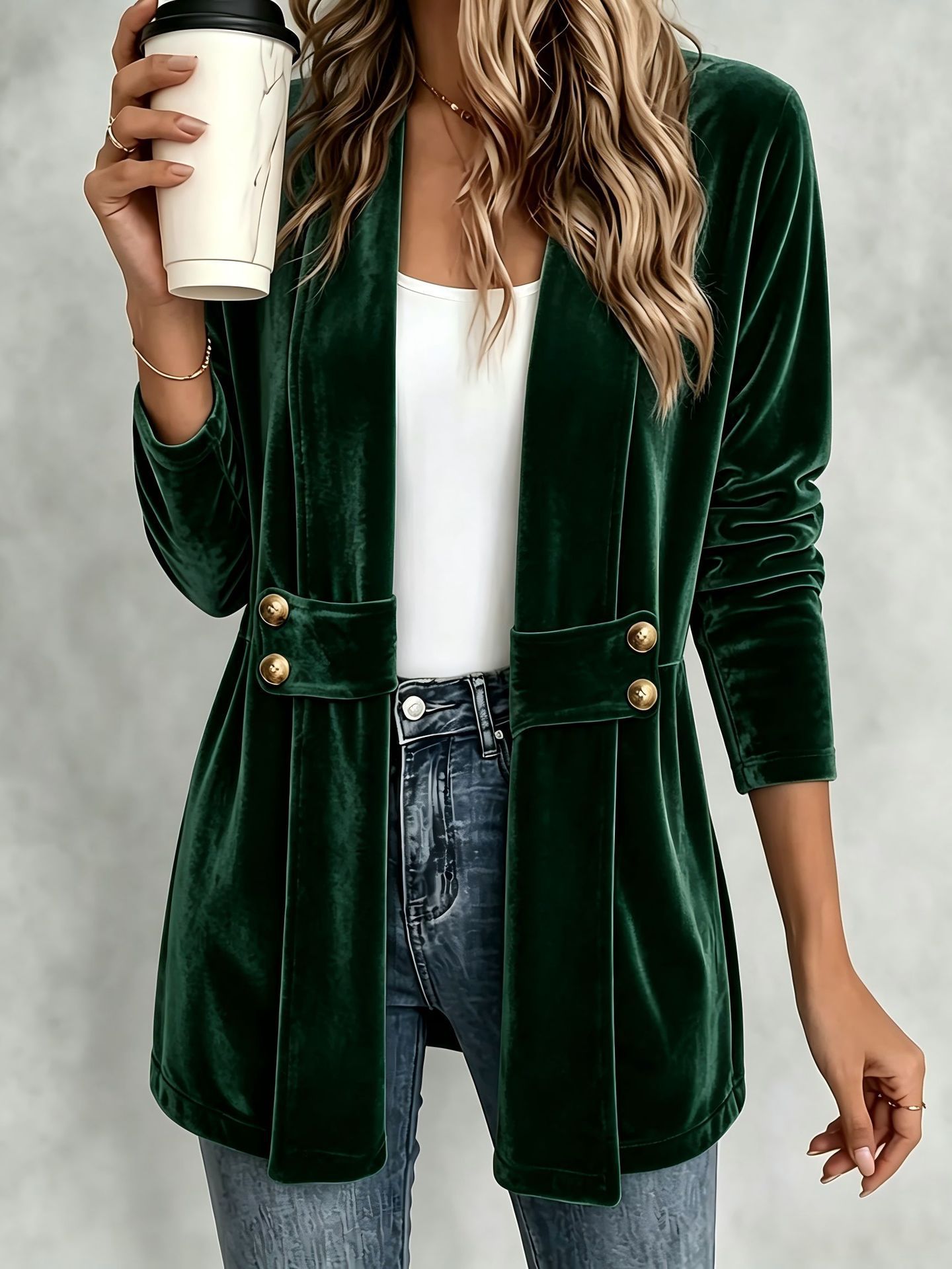 Women's Double-Breasted Velvet Cardigan Lazy Style Mid-Length Top