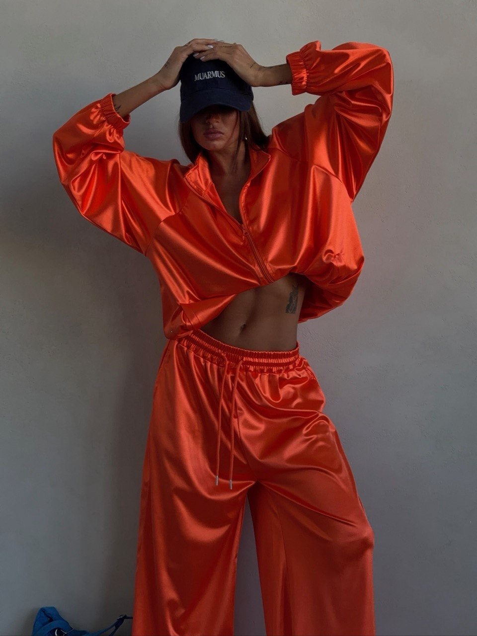 Women's Lake Blue Satin Oversize Short Sleeve Top and Pants Set